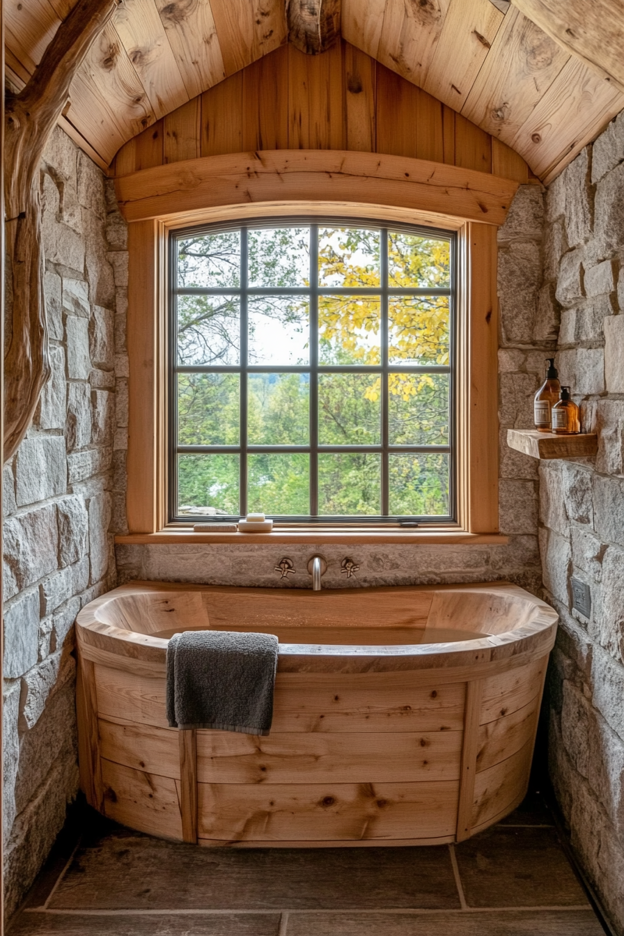 Natural tiny house bathroom. Wooden soaking tub under a full-size window with stacked stone features.