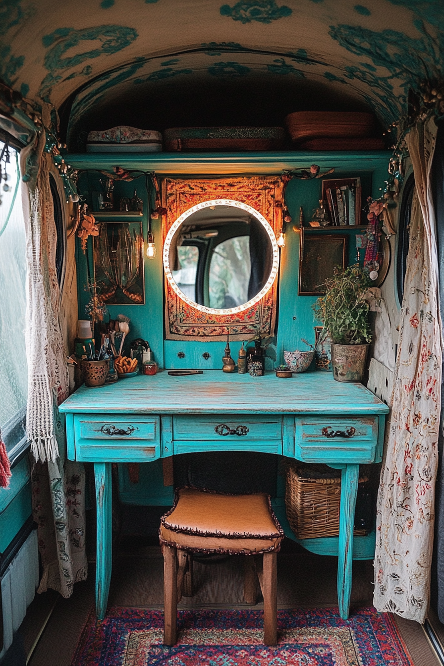 Bohemian van vanity area. Vintage, turquoise vanity dressing table with a ring light mirror.