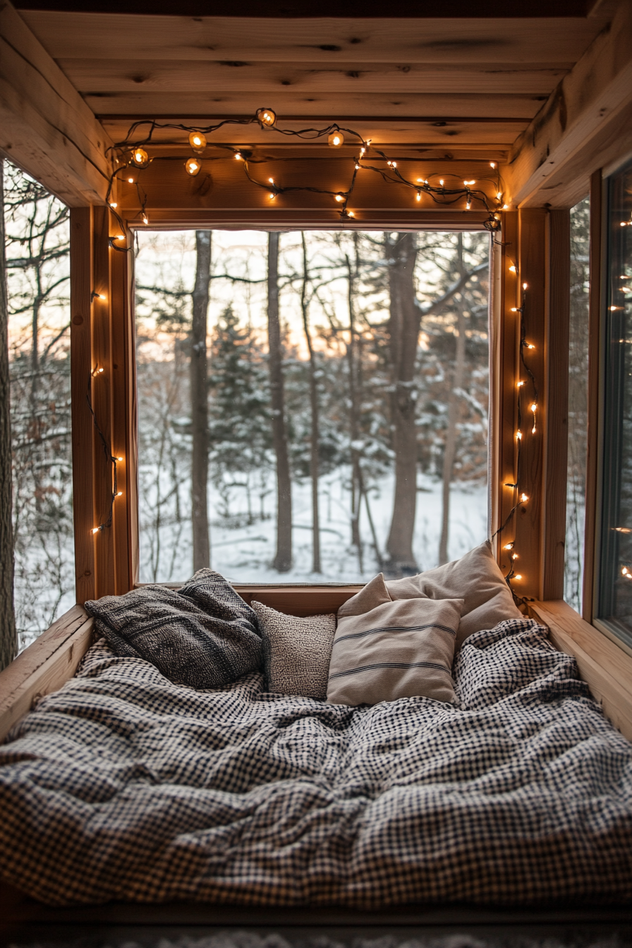 Wide angle view. Festive sleeping nook, flannel bedding, string lights, winter scenery outside.