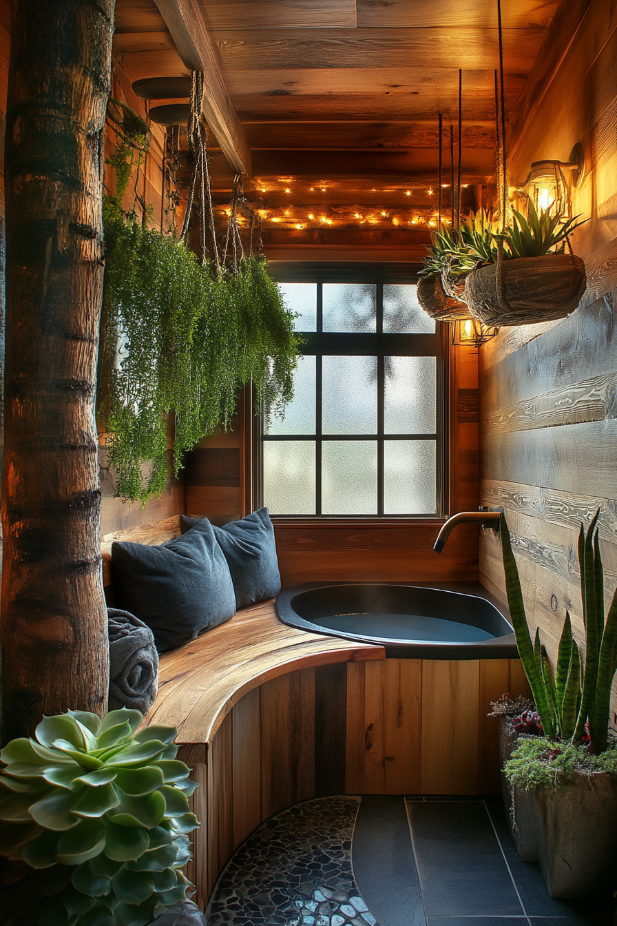 Tiny bathhouse. Cedar soaking tub, clustered succulents, suspended bamboo bench.