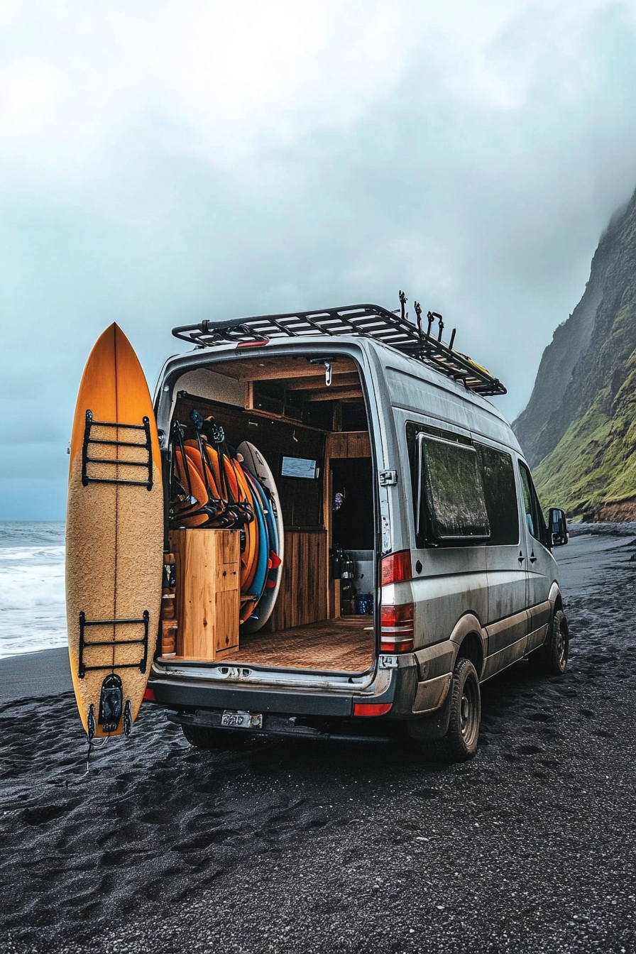 Wide angle view. Beachy van on black sand beach, surfboard racks, and outdoor shower.