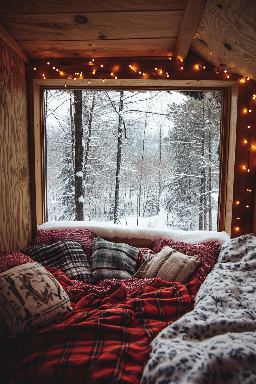 Wide angle festive sleeping nook. flannel bedding, string lights and snowy window view.