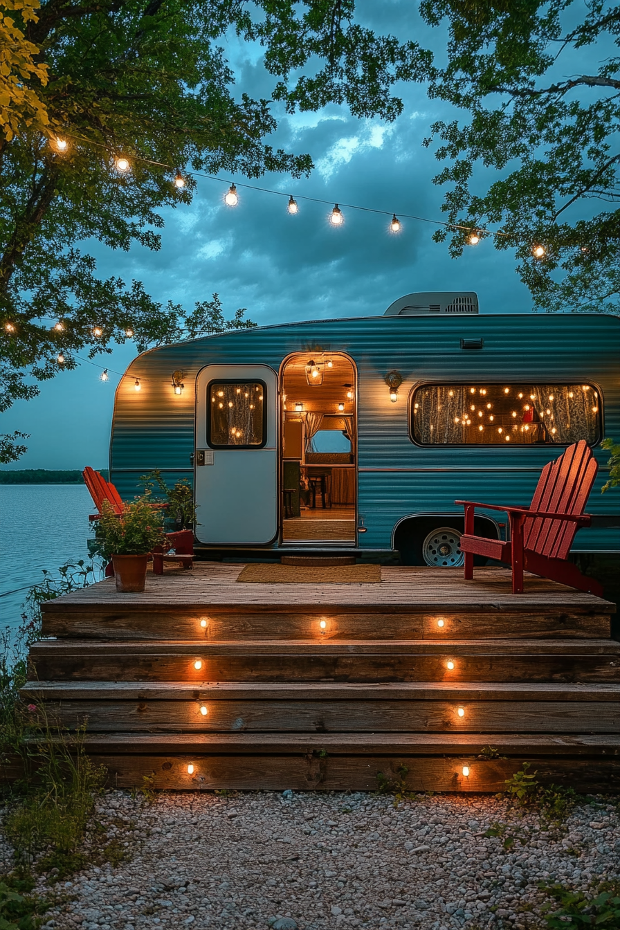 Retro-styled RV entrance. Wooden steps, red metal gliders, glowing string lights, turquoise lake backdrop.