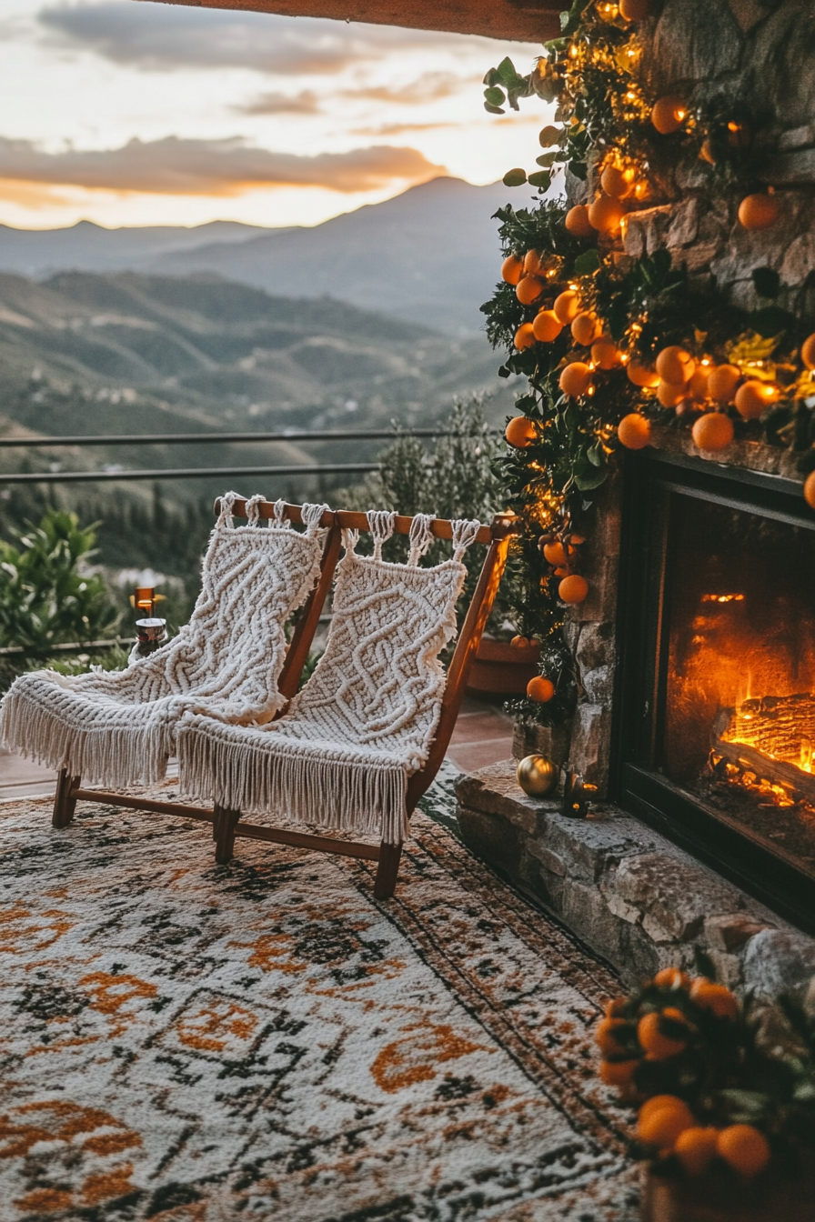 Eclectic holiday space. Macramé stockings, dried orange garlands, wide-angle mountain sunset view.