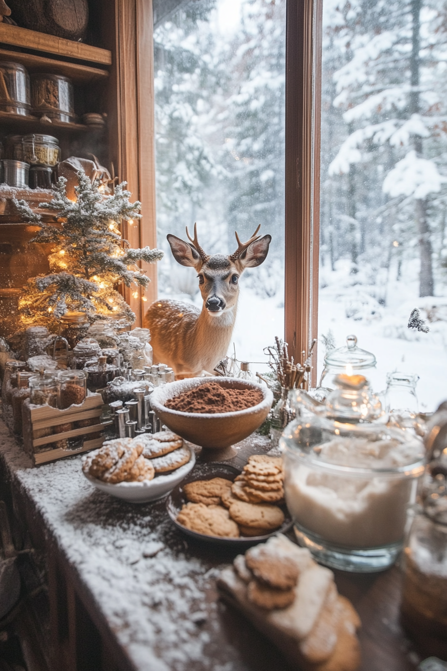 Wide-angle holiday baking view. Deer watching amidst spice storage and cookie station in snowy meadow.