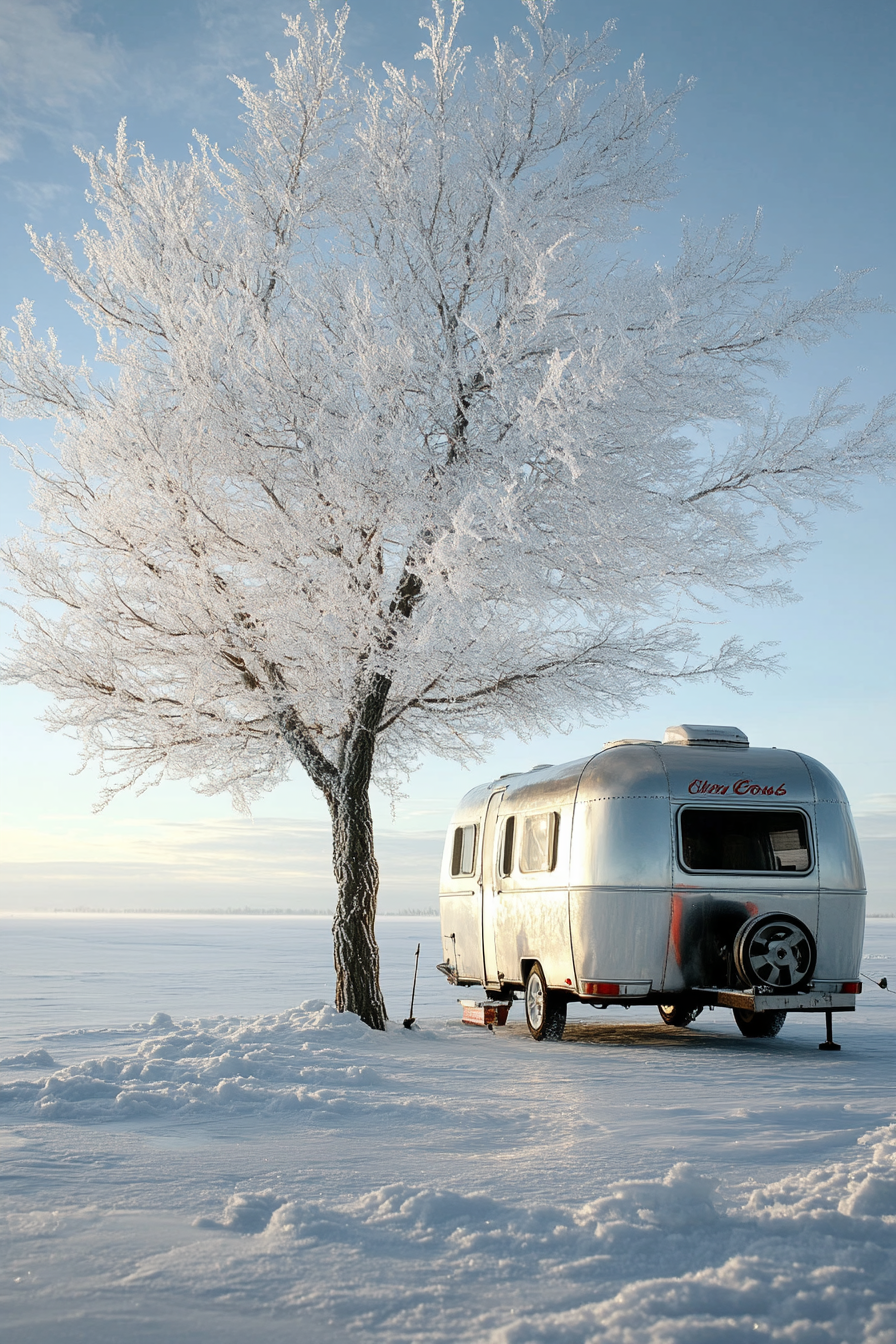 Wide angle view. Retro holiday interior. Aluminum tree beside motorhome on a frozen lake.