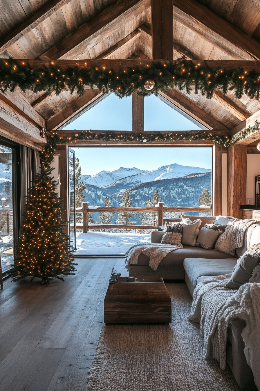 Wide angle farmhouse space. Pine garlands on wood beam ceilings with snowy mountain view.