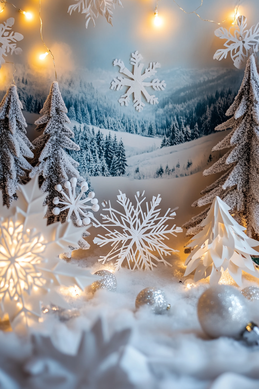 Wide angle view Christmas decor. White lights, paper snowflakes, frost-covered valley backdrop.