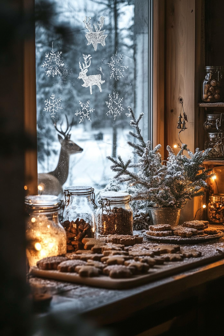 Wide angle view. Baked gingerbread cookies on table, spice jars in background, deer spectating through frosted window.