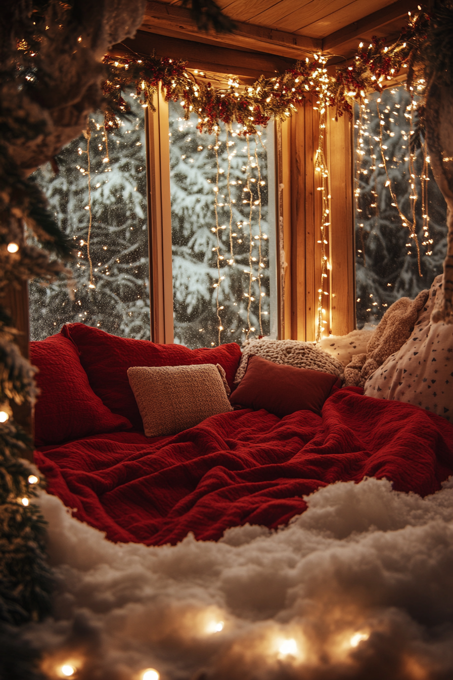 Wide angle view of a festive sleeping nook. Red flannel bedding, string lights, framed snowfall.