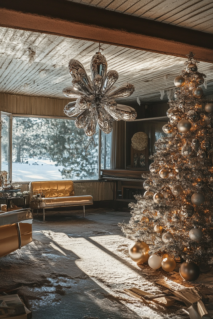 Wide angle view. Retro holiday interior, aluminum tree by frozen lake.