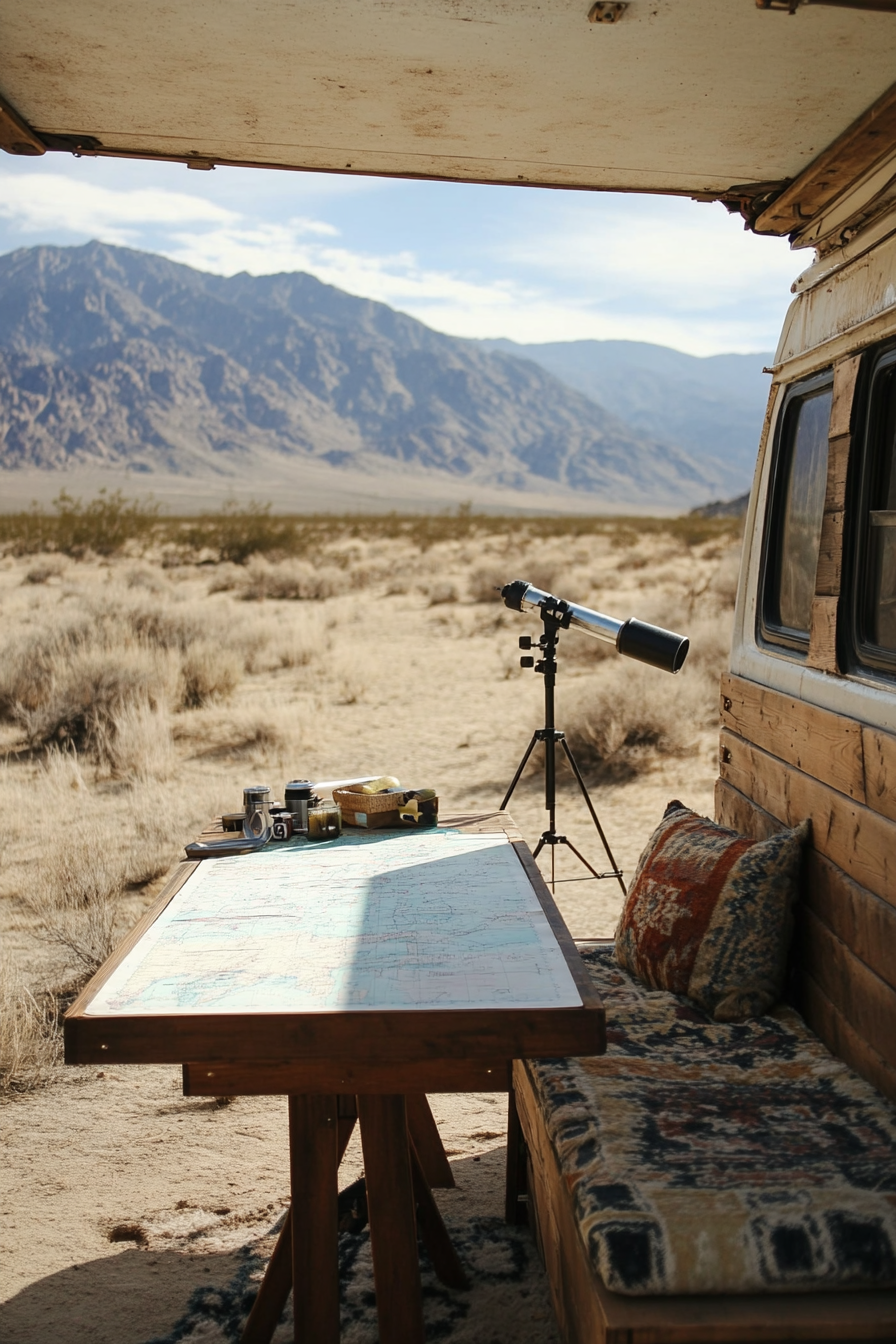 Desert-view van rooftop. Telescope mount, star chart-laden table, wooden loungers.