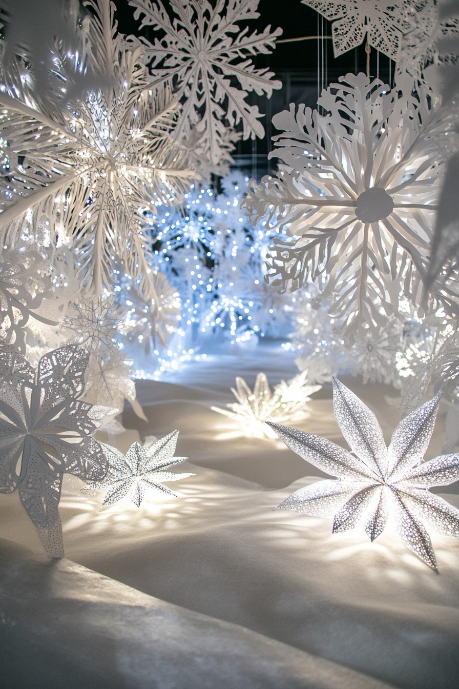 Modern Christmas decor scene. White lights, paper snowflakes, frost-covered valley in wide angle view.