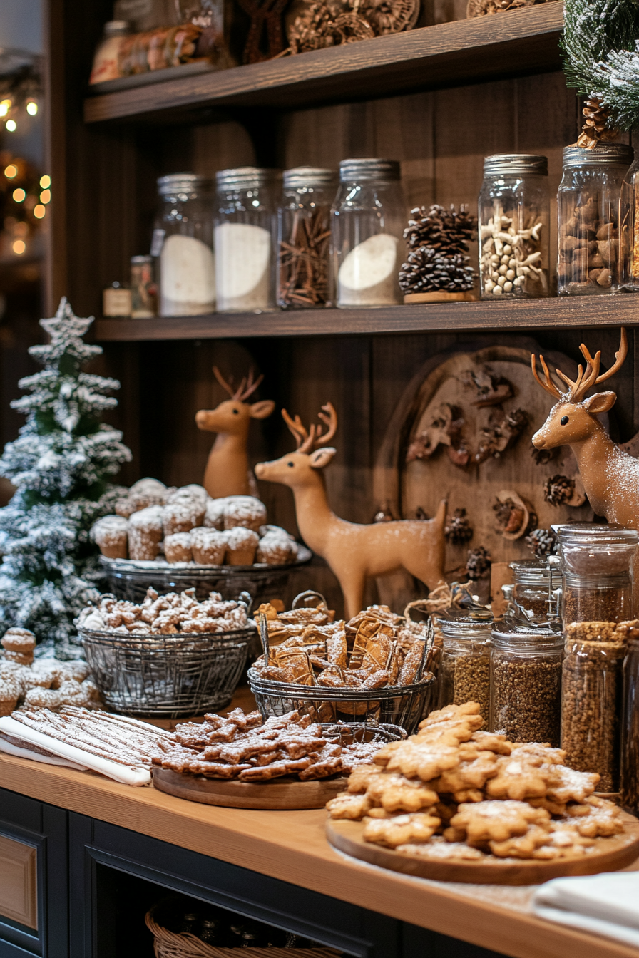 Holiday baking haven. Wide angle view of cookie station and spice storage with snowy deer scene.