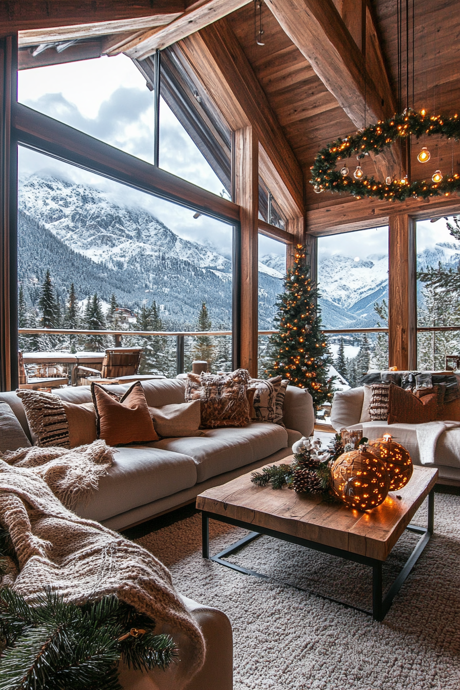 Farmhouse-style space. Pine garlands, wooden ornaments, wide angle snowy mountain view.