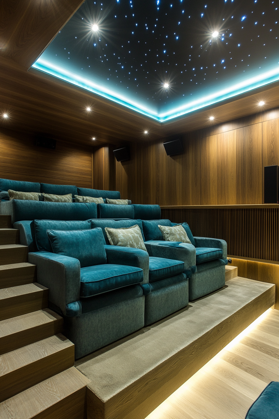 Contemporary tiny theater. Electric blue seats, oak panel walls, tiered rows, ceiling mounted projector.