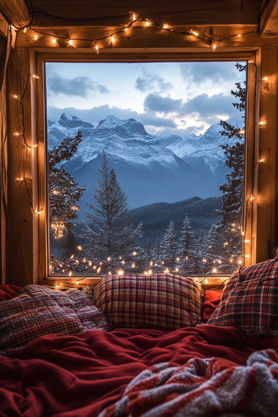 Wide angle view of festive nook. Flannel bedding and string lights framing snow-covered mountains.