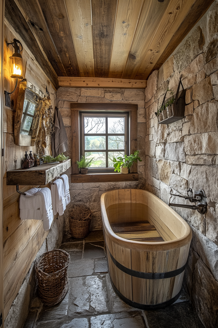 Wide-angle view. Natural tiny house bathroom. Wooden soaking tub, stone wall.