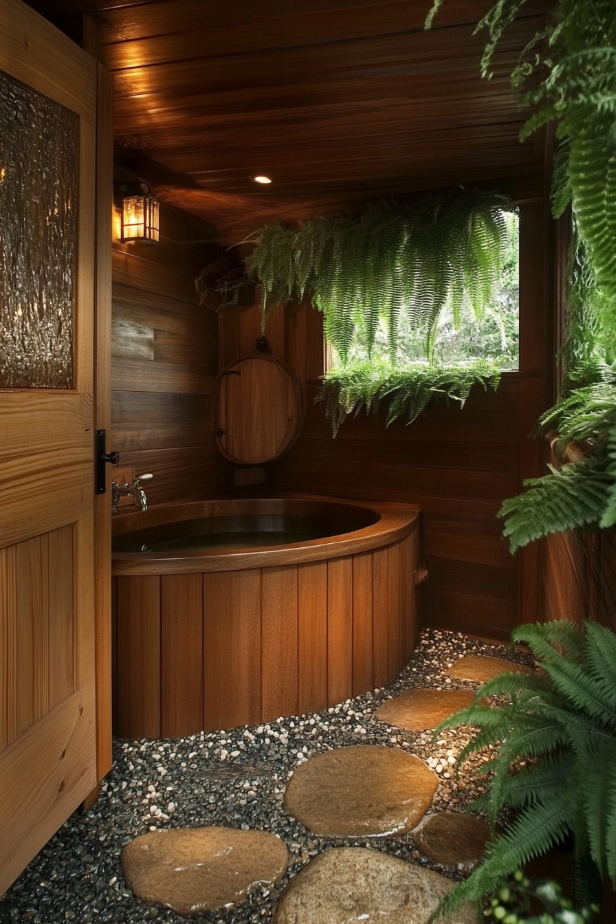 Tiny bathhouse. Wooden soaking tub with a pebble floor and fern plant wall.