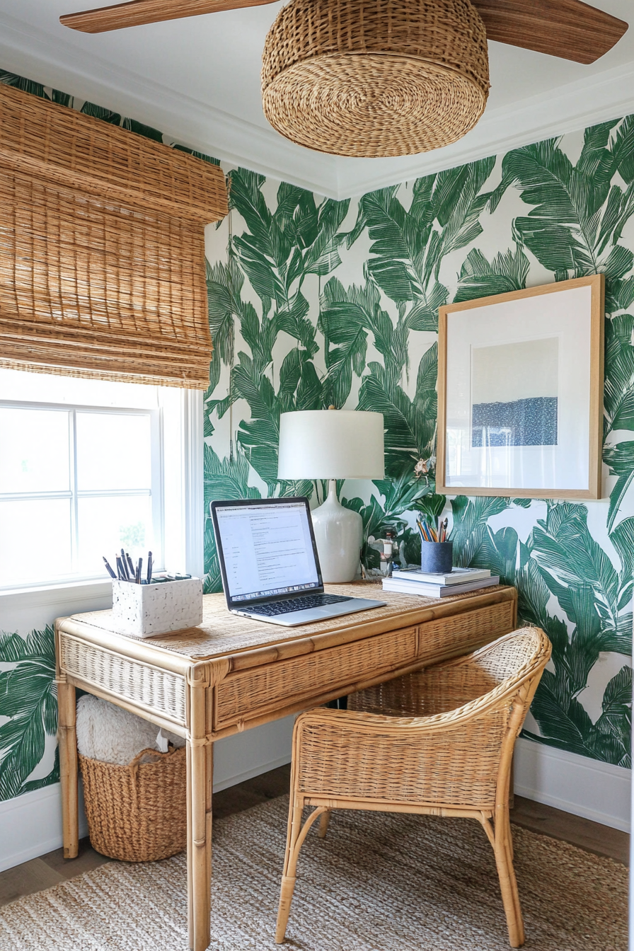 Tropical-Modern Tiny Office. Rattan desk with a marine green leaf wallpaper and wicker ceiling fan.