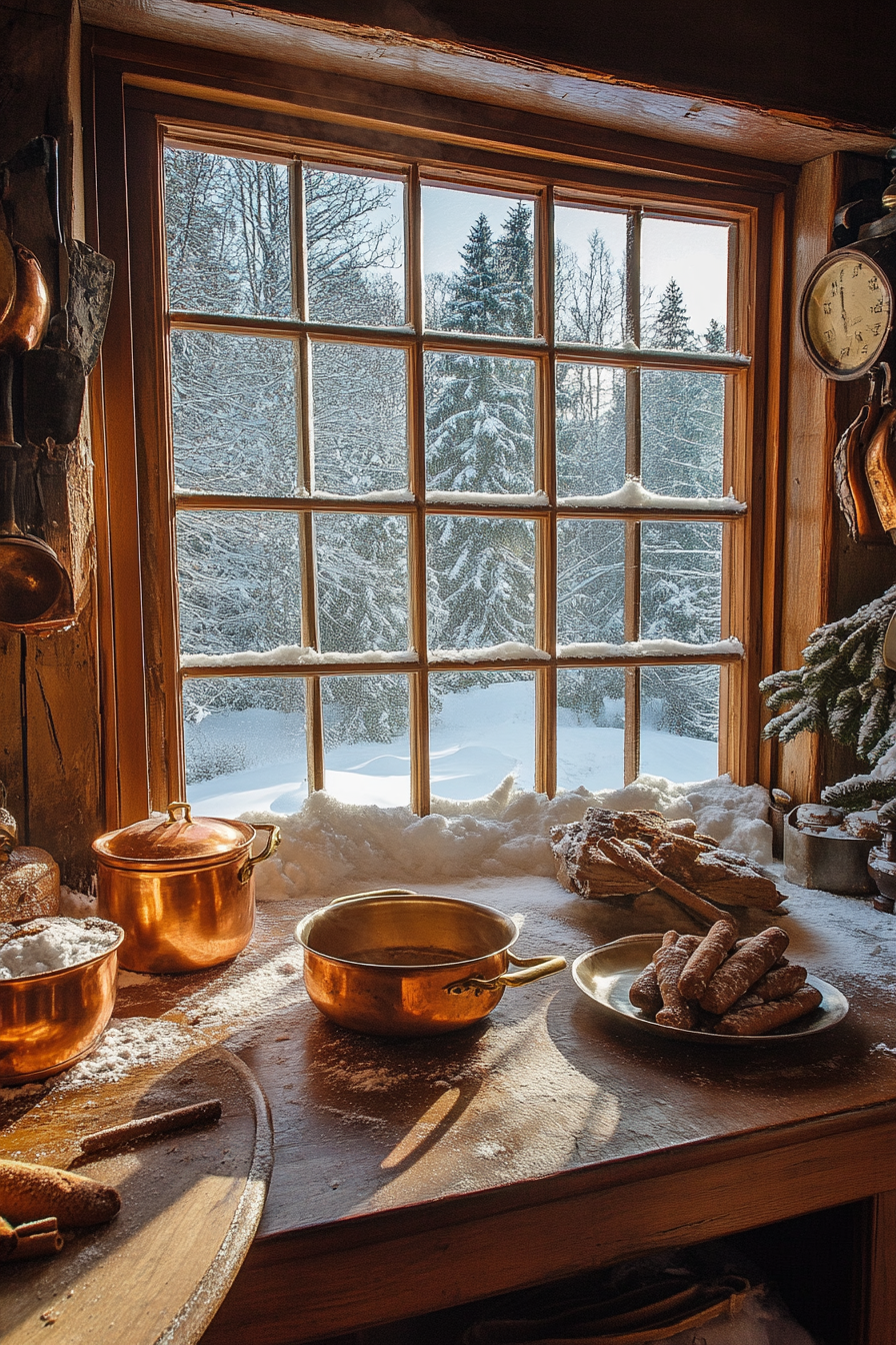 Wide angle view. Gingerbread-making space, copper pots, cinnamon bundles, snowy window view.