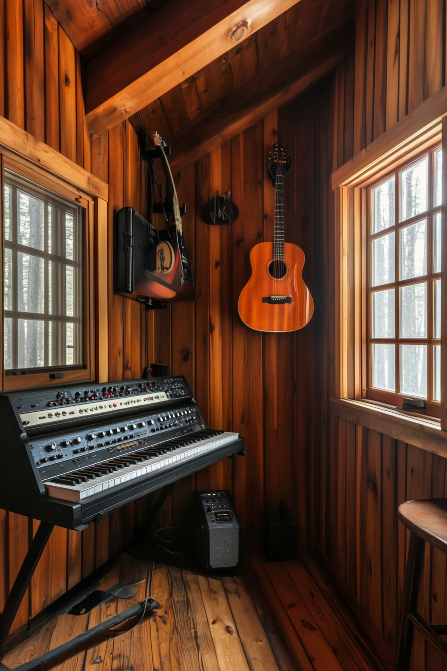 Woodland-style music room. Cedar wood panelled walls featuring mounted keyboard and guitar.