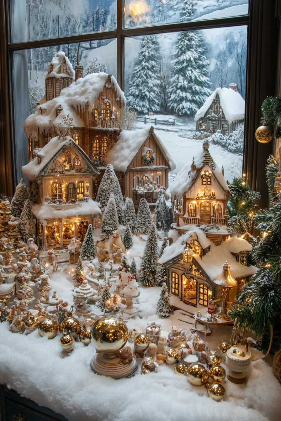 Wide angle view. Elegant Christmas interior, vintage ornaments and velvet ribbons, snow-covered village in sight.