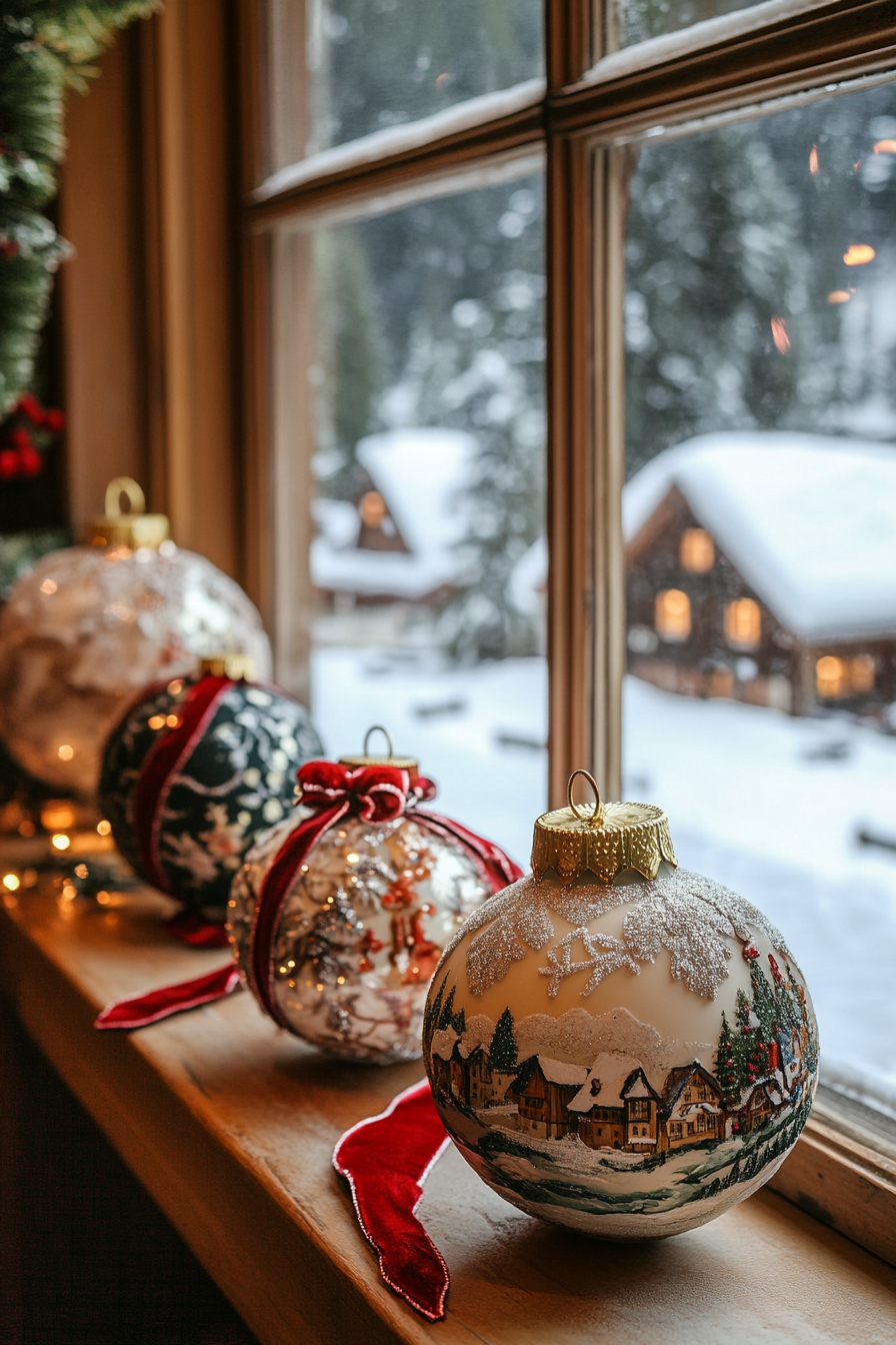 Wide angle Christmas interior. Velvet ribbons on vintage ornaments, snow-covered village outside.