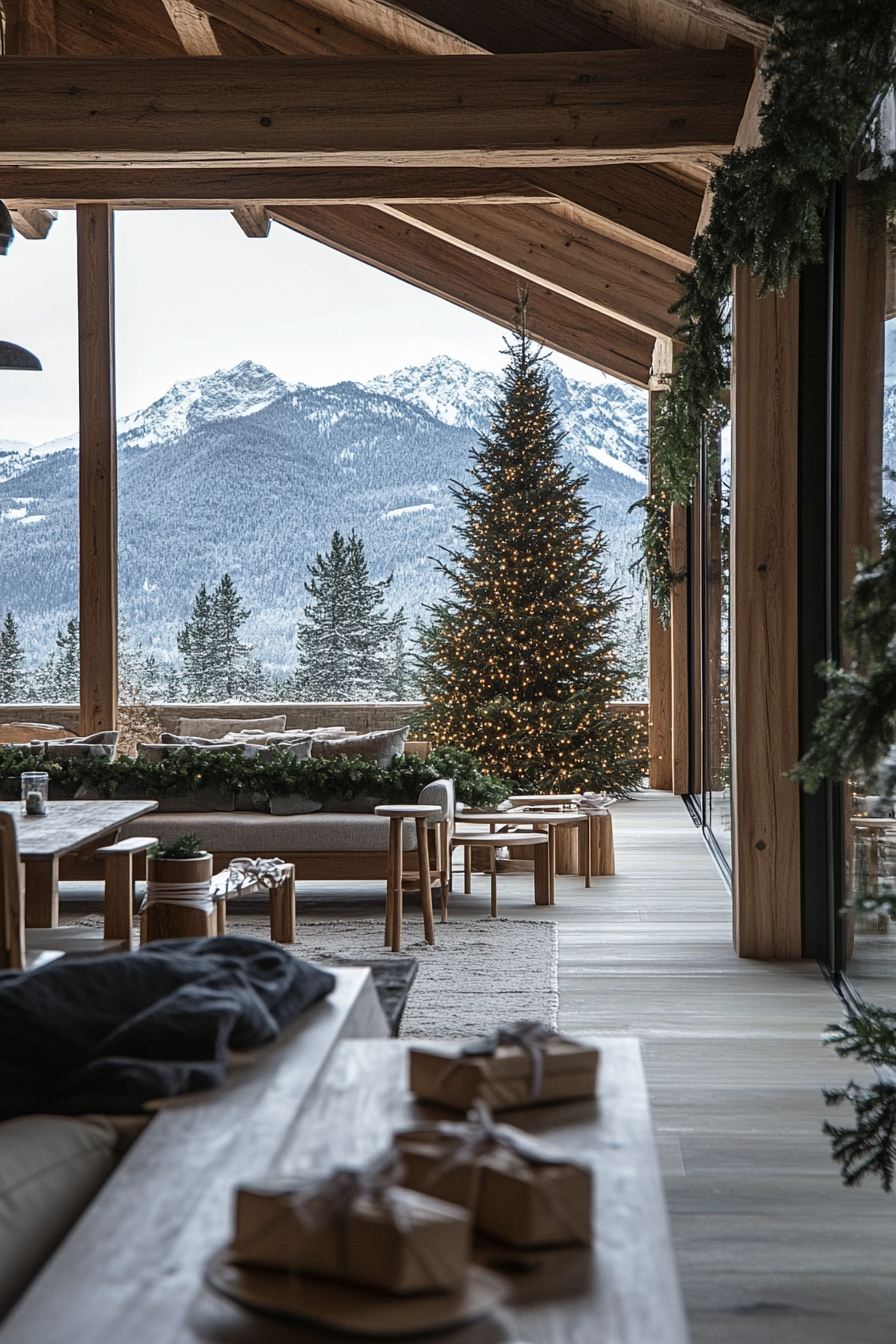 Wide-angle farmhouse-style space. Pine garlands, wooden ornaments, snow-shrouded mountain vista.