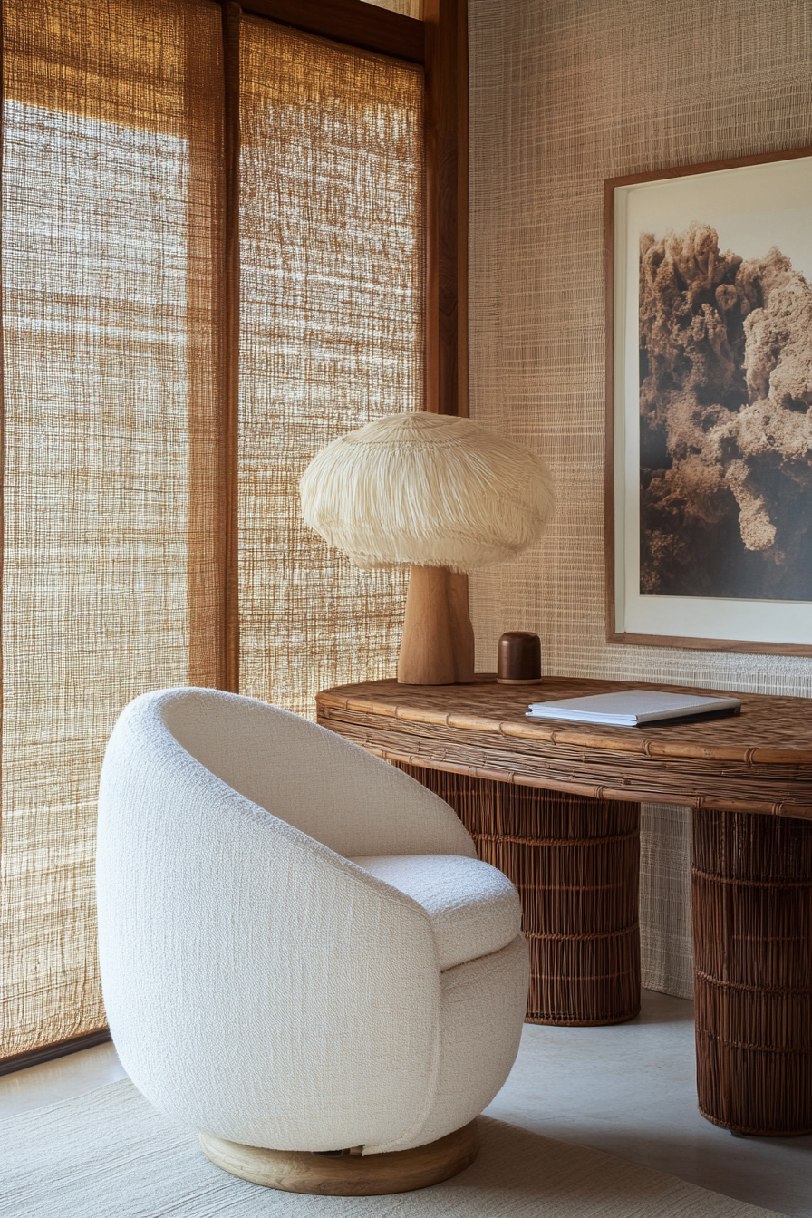 Tropical modern tiny office. Rattan desk with a cream-colored round swivel chair.