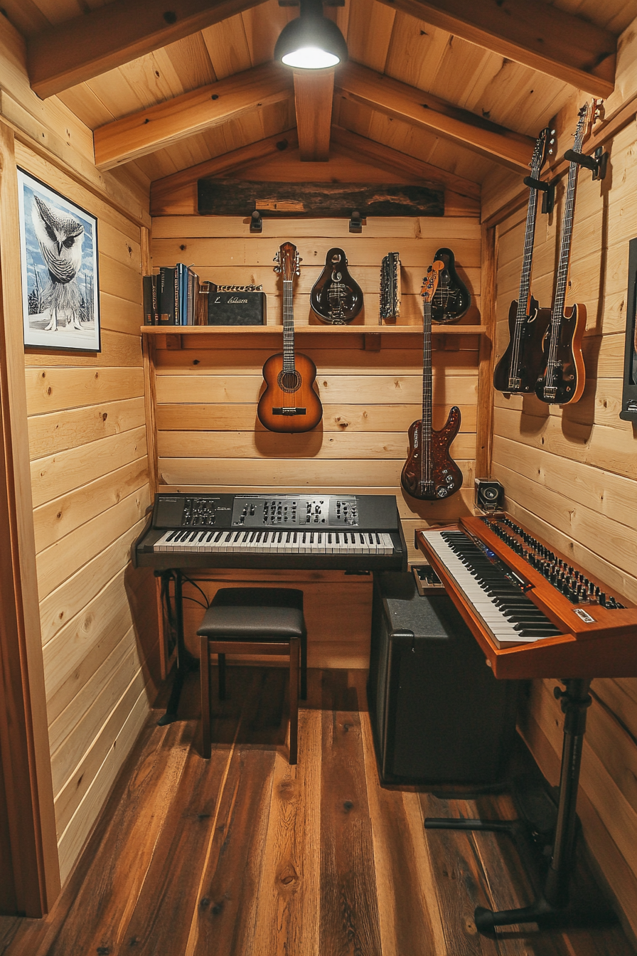 Tiny music room. Red Cedar walls with snowy owl sound-proofing, maple keyboard mount, walnut guitar wall.