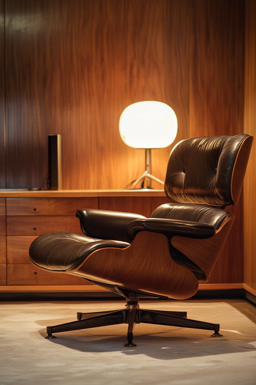 Mobile workspace. Walnut paneled, vintage Eames chair, dramatic side spotlighting.