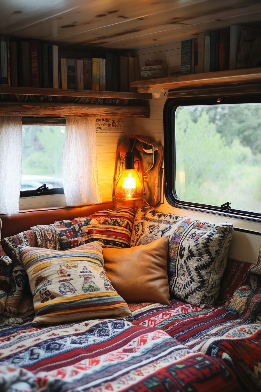 Desert-Boho camper reading corner. Patterned pendleton blankets, warm yellow book light, leather cushions.