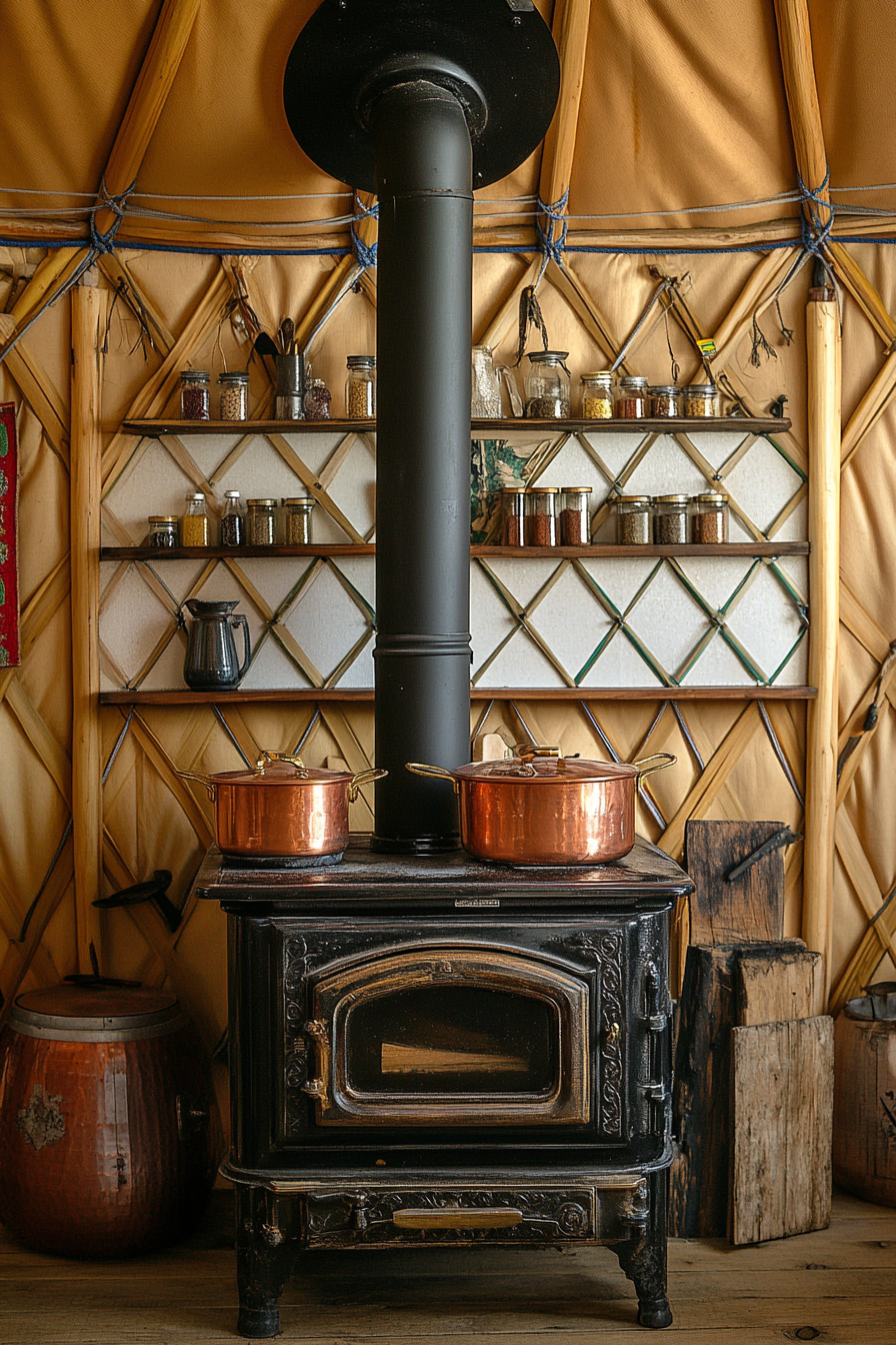 Alpine-style yurt kitchen. Wood stove with copper pots and a contrasting spice wall.