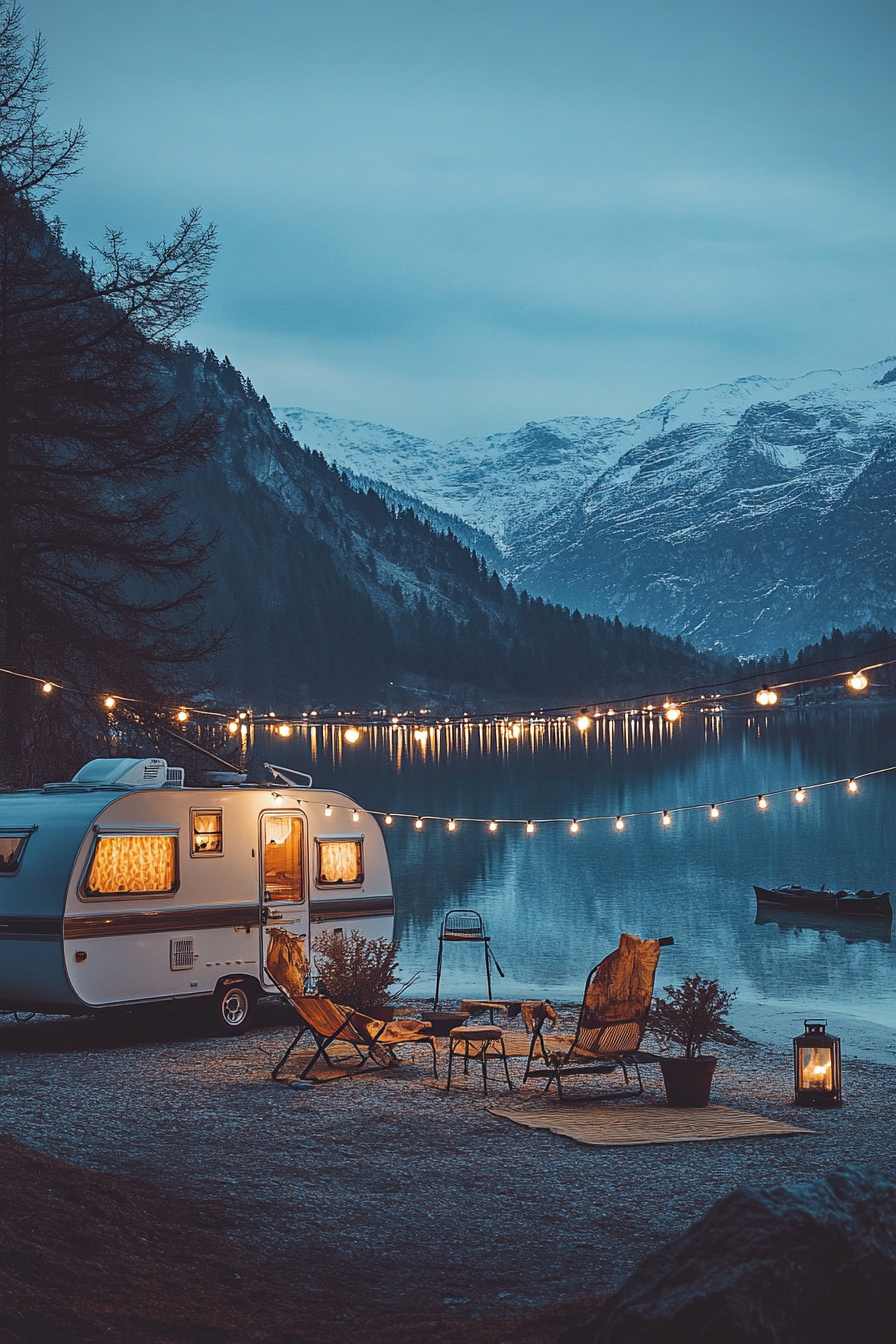 Wide-angle view. Retro-styled RV with metal gliders and string lights near crystal-clear mountain lake.