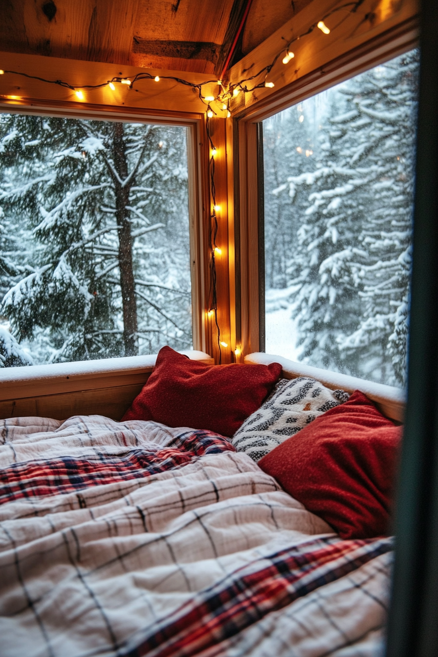 Wide angle festive sleeping nook. Flannel bedding, string lights, snowy pine trees backdrop.