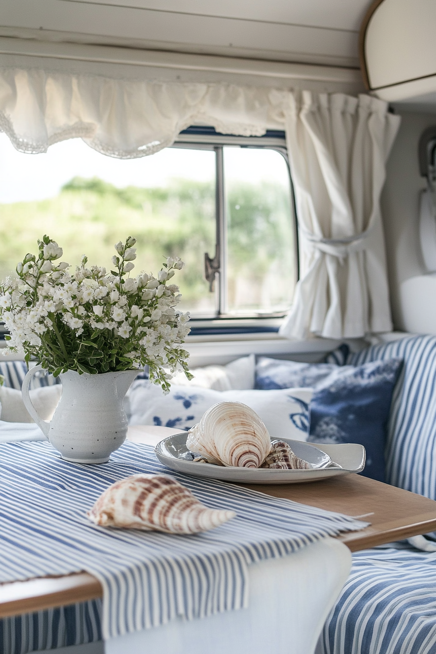 Van dining area. Seashell centrepiece on a white and blue striped fold-out table.