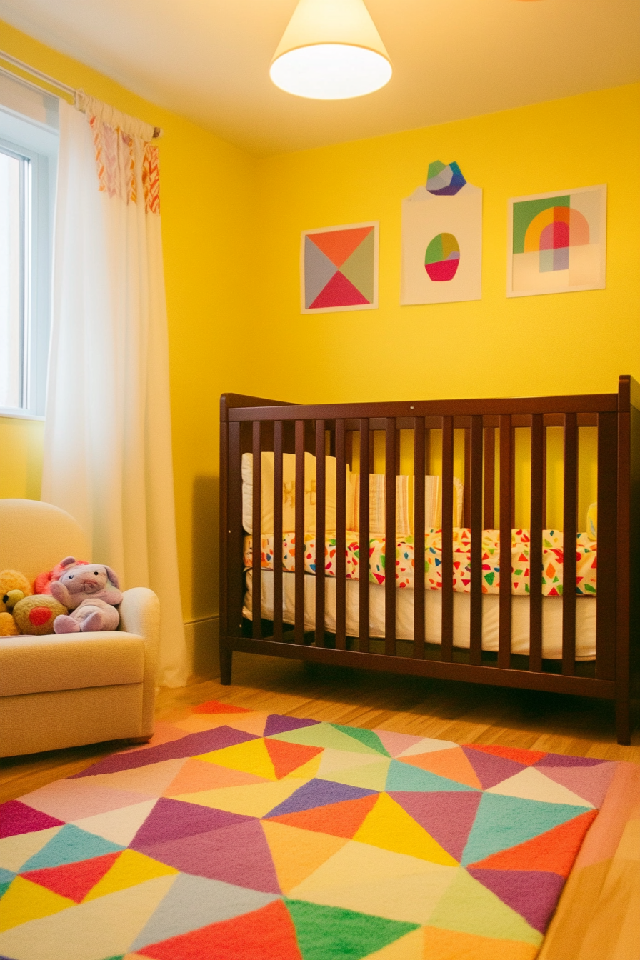 Wide angle baby space. Pale yellow walls with colorful geometric shapes pattern.