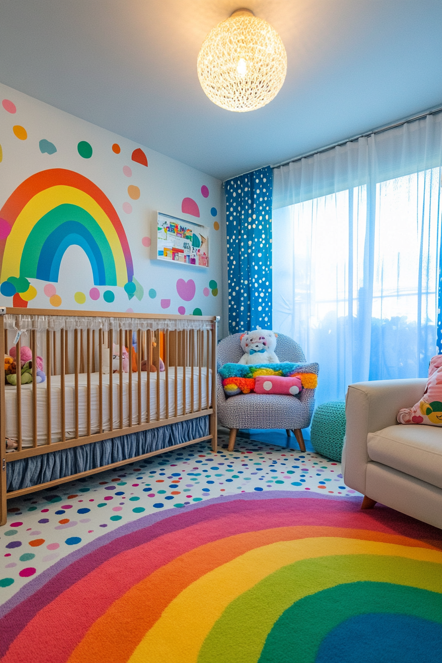 Wide angle view. Cheerful baby space with rainbow spectrum mural and polka dot pattern.