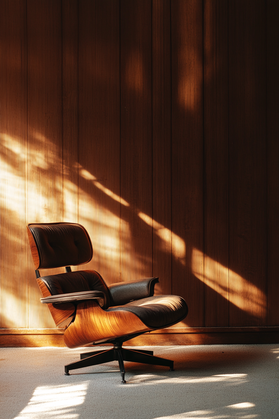 Wide-angle mobile workspace. Walnut paneling, vintage Eames chair under stark shadow spotlight.