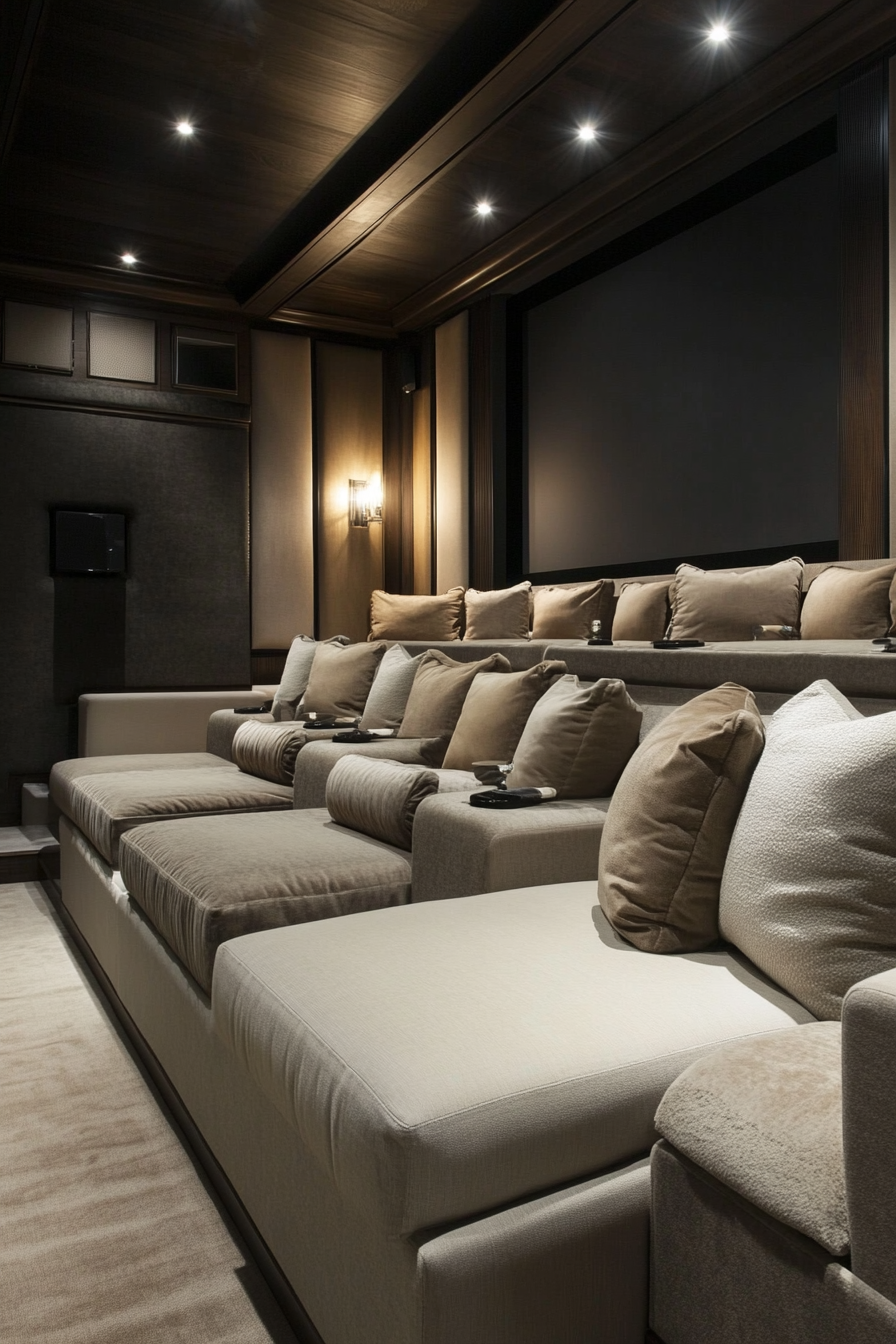 Contemporary Tiny Theater. Neutral-hued seats, dark oversized projector wall, surround sound speakers.