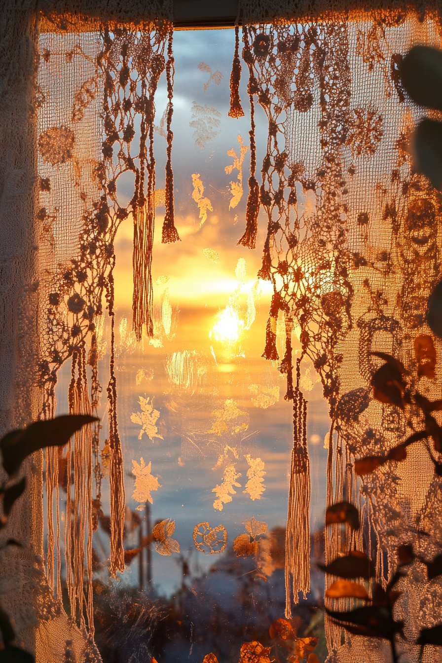 Wide angle holiday space. Sunset through macrame-ornamented window, patterned with dried orange garlands.