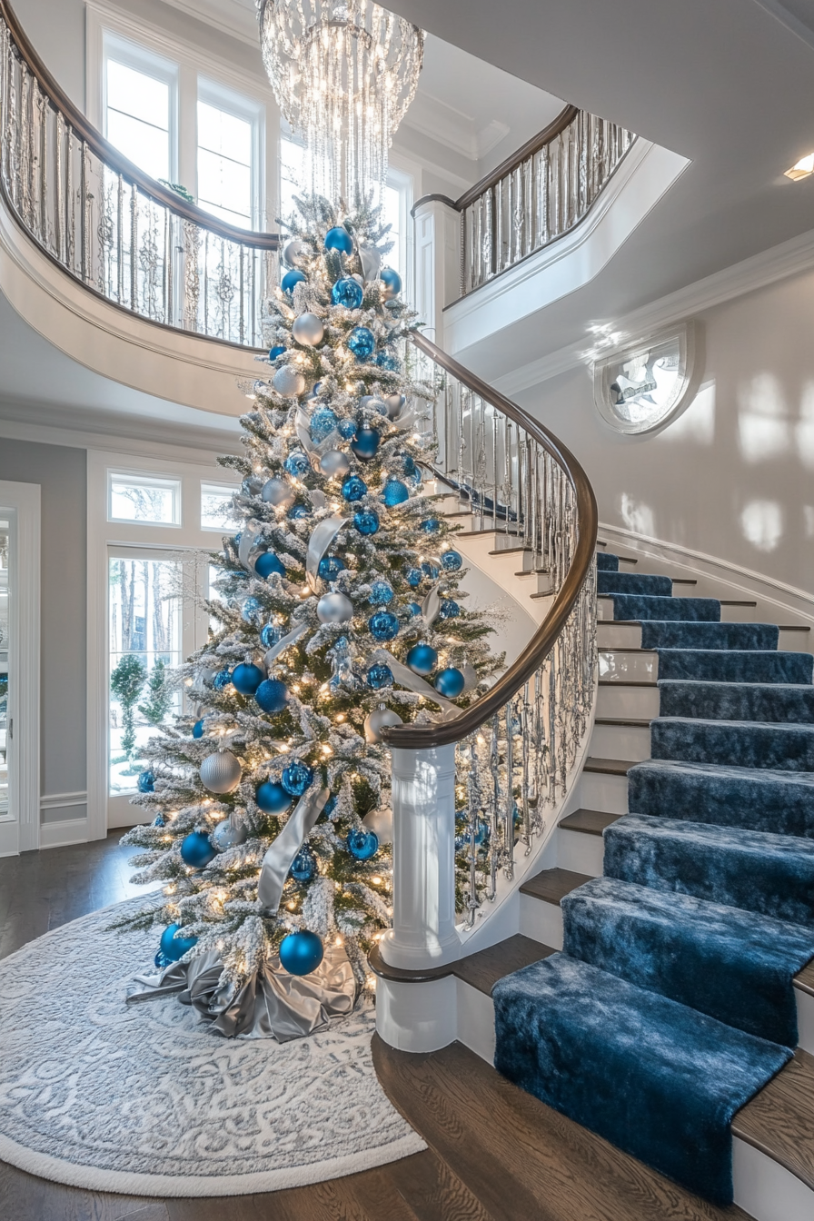 Wide angle of Christmas interior. Vintage blue ornaments, velvet silver ribbons on luxury pine tree.