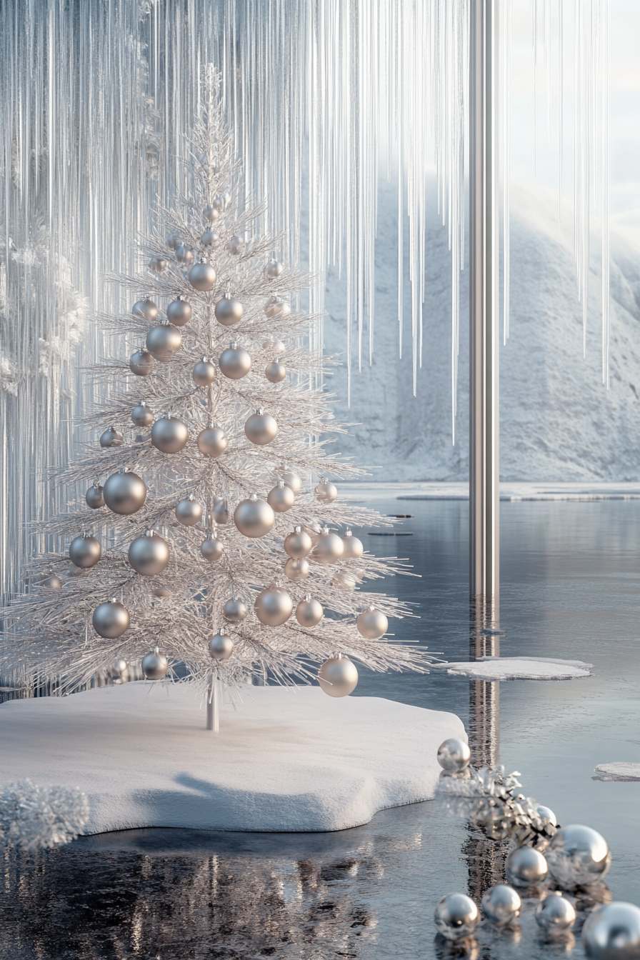 Retro holiday interior. Aluminum tree with classic ornaments, beside a frozen lake.