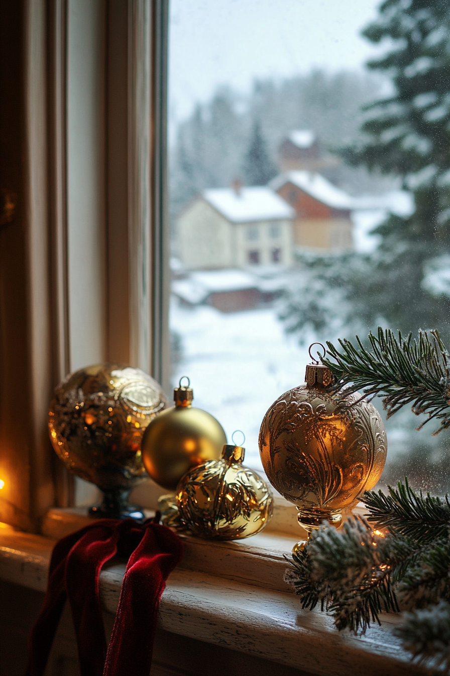 Wide angle Christmas interior. Vintage ornaments, velvet ribbons, overlooking snow-covered village.