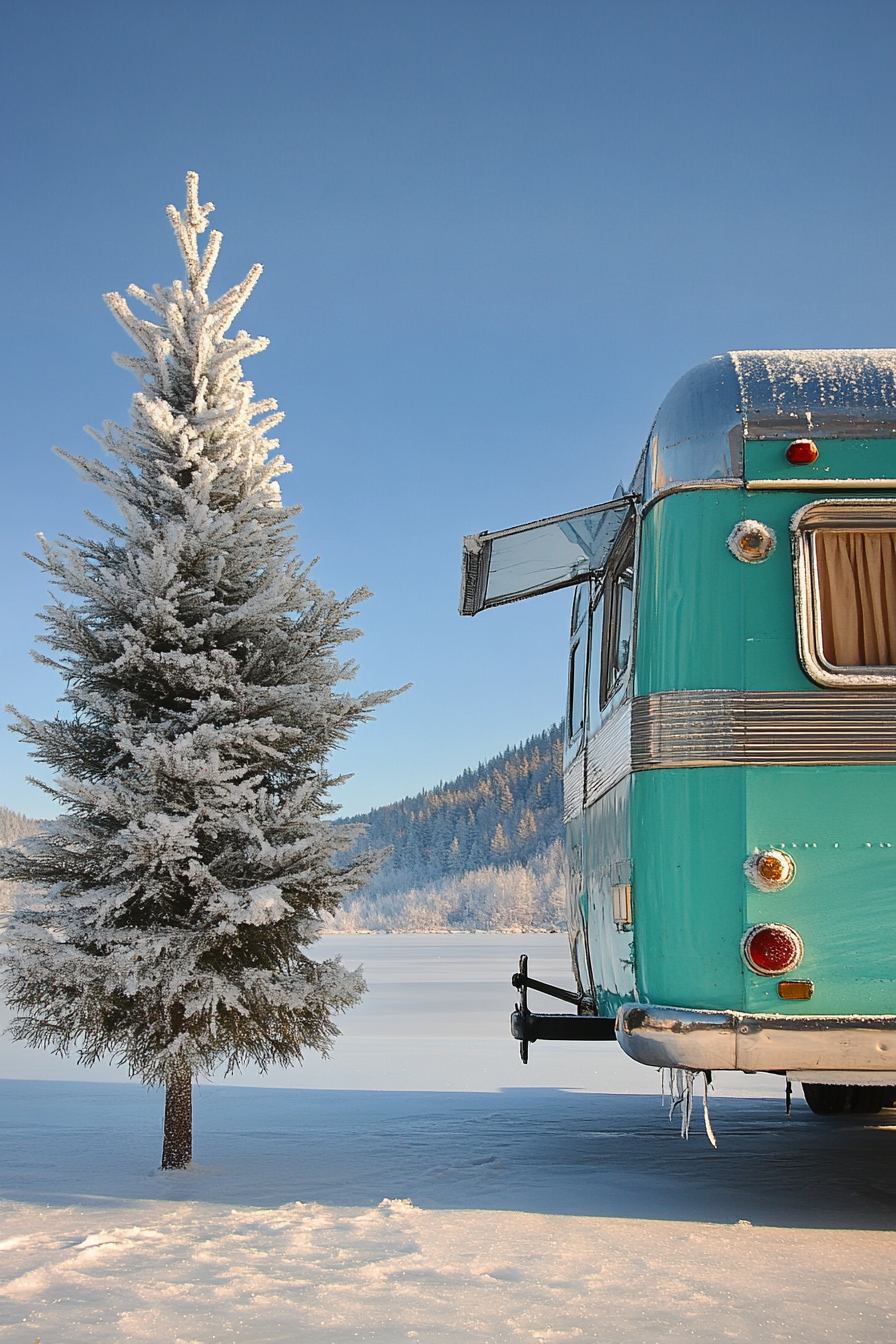 Holiday interior. Silver aluminum tree beside vintage turquoise camper van on a frozen lake.