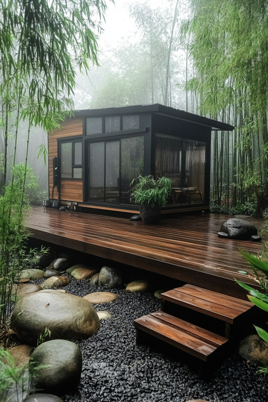 Wide angle view. Minimalist tiny house deck in a misty bamboo forest with rock garden.