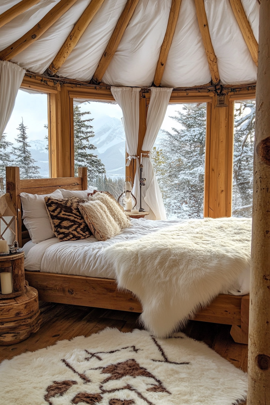 Alpine-view yurt bedroom. Rustic wooden bed paired with white fur throws, panoramic windows.