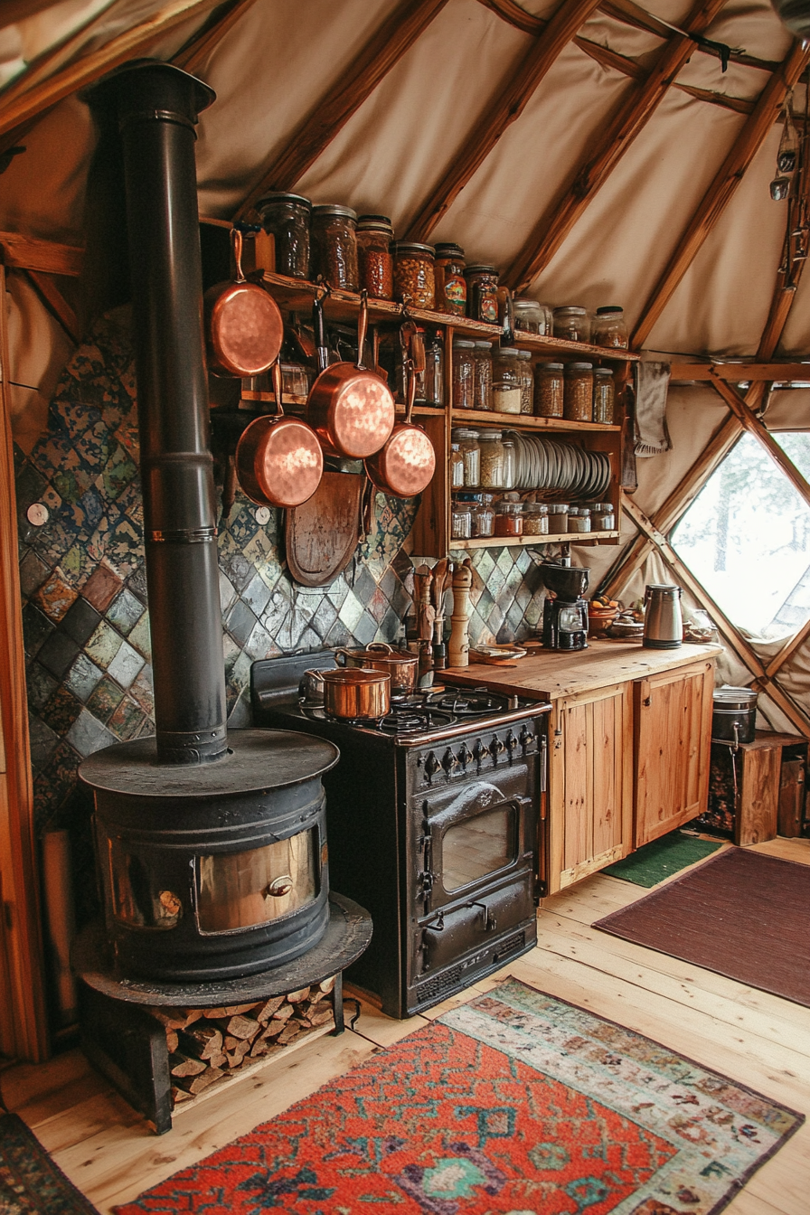 Alpine-style yurt kitchen. Copper pots hung over a rustic wood stove, with adjacent spice wall.