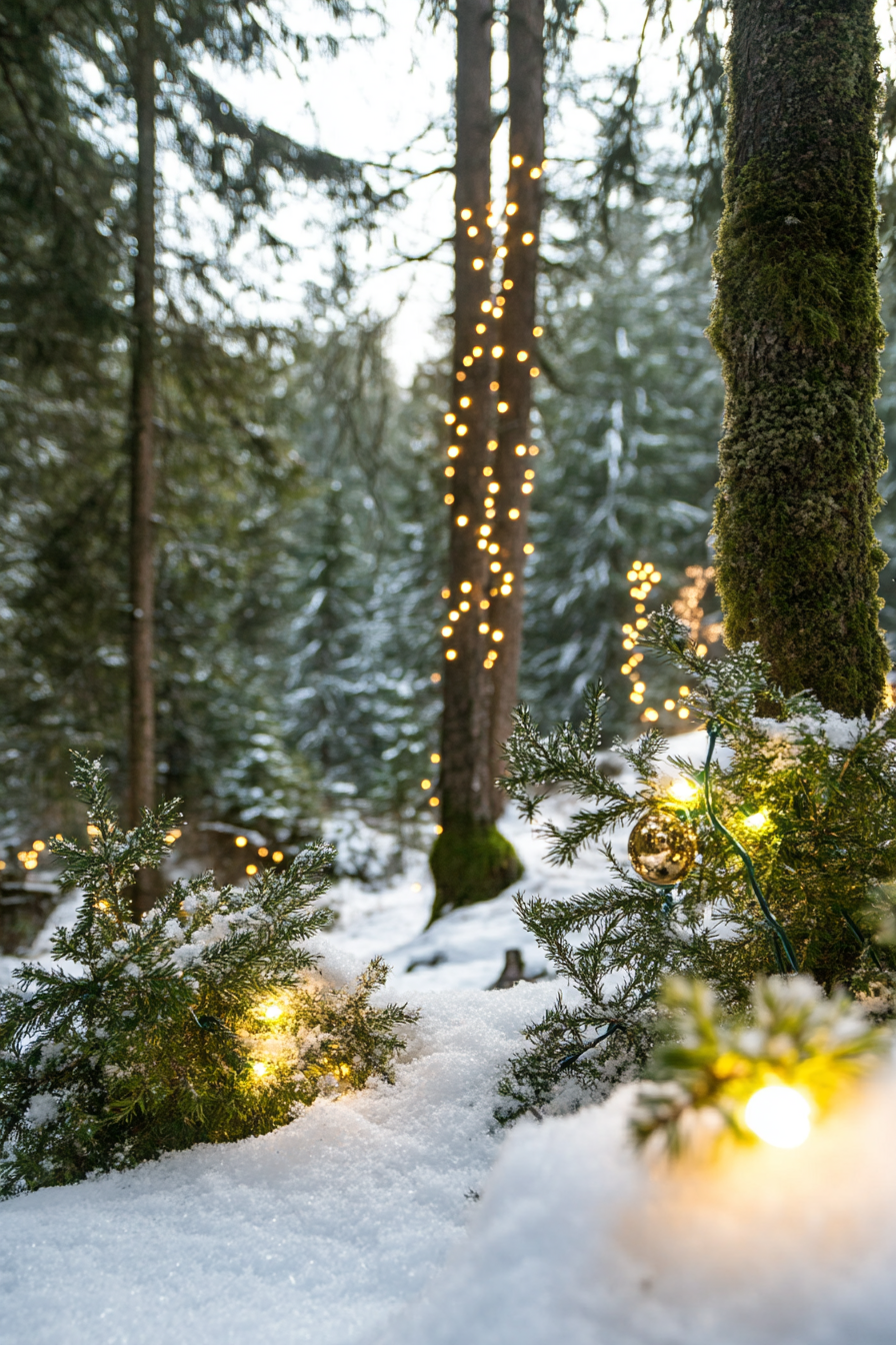 Wide-angle holiday scene. Mossy woodland decorations amid snow-dusted pines.